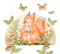 Wally Fox stickers muraux écureuils maman et bébé taille 13,5-71,5 cm | Une maman écureuil et son petit, dans une clairière, à poser soi-même sur le mur pour décorer la chambre de bébé.