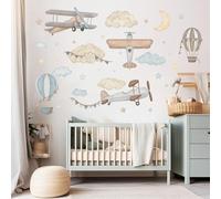Wally Fox Stickers Muraux Enfants - Autocollants Décoratifs - Non Toxique, Sûr, de Haute Qualité - Déco Chambre - Avions, ballons, étoiles, nuages, bleu - L - 34pcs
