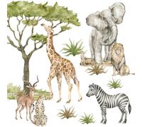 Wally Fox Stickers Muraux Enfants - Autocollants Décoratifs - Non Toxique, Sûr, de Haute Qualité - Déco Chambre Enfant - Set - Safari, Savane, Éléphant, Girafe - Vert, Brun, Gris, Jaune - 62,5x160cm