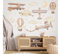 Wally Fox Stickers Muraux Enfants - Autocollants Décoratifs - Non Toxique, Sûr, de Haute Qualité - Déco Chambre - Avions, ballons, étoiles, nuages, marron beige, bohème - L - 34pcs