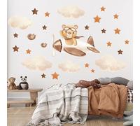 Wally Fox Stickers Muraux Enfants - Autocollants Décoratifs - Non Toxique, Sûr, de Haute Qualité - Déco Chambre - Ours en peluche dans un avion, étoiles, nuages, marron, bohème - 27pcs