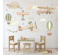 Wally Fox Stickers Muraux Enfants - Autocollants Décoratifs - Non Toxique, Sûr, de Haute Qualité - Déco Chambre - Avions, ballons, étoiles, nuages, vert - L - 34pcs