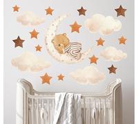 Wally Fox Stickers Muraux Enfants - Autocollants Décoratifs - Non Toxique, Sûr, de Haute Qualité - Déco Chambre - Ours en peluche sur la lune, étoiles, nuages, lune, marron, bohème - 21pcs