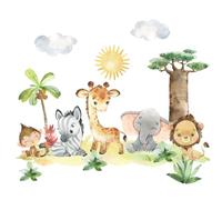 Wally Fox Stickers Muraux Enfants - Autocollants Décoratifs - Non Toxique, Sûr, de Haute Qualité - Déco Chambre Enfant - Set - Safari, Zèbre, Girafe, Lion, Singe - Vert, Jaune, Bleu - 52,5x155cm