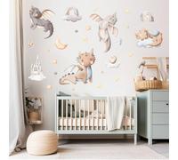 Wally Fox Stickers Muraux Enfants - Autocollants Décoratifs - Non Toxique, Sûr, de Haute Qualité - Déco Chambre Enfant - Set - Dragons, Arc-En-Ciel, Étoiles - Bleu, Brun, Gris, Orange - 52,5x127cm