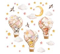 Wally Fox Stickers Muraux Enfants - Autocollants Décoratifs - Non Toxique, Sûr, de Haute Qualité - Déco Chambre Enfant - Animaux en ballons, rose, étoiles, lune, montgolfières - 44pcs