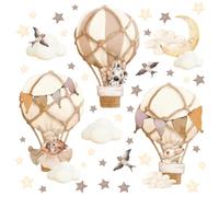 Wally Fox Stickers Muraux Enfants - Autocollants Décoratifs - Non Toxique, Sûr, de Haute Qualité - Déco Chambre Enfant - Animaux en ballons, marron, étoiles, lune, Montgolfières, bohème - 47pcs