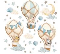 Wally Fox Stickers Muraux Enfants Fleurs - Autocollants Décoratifs - Non Toxique, Sûr, de Haute Qualité - Déco Chambre Enfant - Animaux en ballons, bleu, étoiles, lune, montgolfières - 46pcs