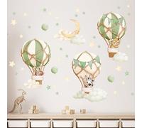 Wally Fox Stickers Muraux Enfants Fleurs - Autocollants Décoratifs - Non Toxique, Sûr, de Haute Qualité - Déco Chambre Enfant - Animaux en ballons, vert, étoiles, lune, Montgolfières - 47pcs