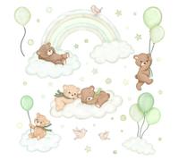 Wally Fox - Stickers Muraux Enfants - Oursons sur des Nuages avec des Ballons et un Arc-En-Ciel, Style Bohème, Résistants aux UV, Vert, beige, marron, 38 Autocollants