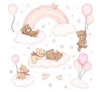 Wally Fox - Stickers Muraux Enfants - Oursons sur des Nuages avec des Ballons et un Arc-En-Ciel, Style Bohème, Résistants aux UV, Rose poudré, 38 Autocollants