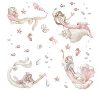 Wally Fox - Stickers Muraux pour Chambre d’Enfant - Décalcomanie Murale pour Chambre de Bébé - Décoration Murale pour Chambre de Fille - 47 Autocollants - Bleu, Rose, Violet, Gris, Sirènes L