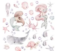 Wally Fox - Stickers Muraux pour Chambre d’Enfant - Décalcomanie Murale pour Chambre de Bébé - Décoration Murale pour Chambre de Fille - 53 Autocollants - Bleu, Rose, Violet, Gris, Sirènes M