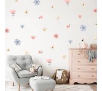 Wally Fox - Stickers Muraux pour Chambre d’Enfant - Décalcomanie Murale pour Chambre de Bébé - Décoration pour Chambre de Fille - Rose, Bleu Crème, Fleurs Roses et Bleues, 35 Autocollants