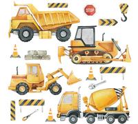 Wally Fox - Stickers Muraux pour Decoration Chambre D’Enfant, Engins De Chantier - Decoration Murale Et Deco Chambre, 17 Stickers - Jaune Et Brun, Pelleteuse, Grue, Bétonnière
