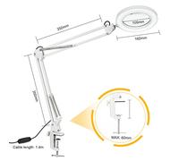 Walmeck Lampe de Table à Pince Flexible, Loupe 8X, Bras Oscillant, Lampe de Bureau à LED intensité Variable, 3 Modes Couleur, 10 Niveaux luminosité, Lecture, (Blanche)