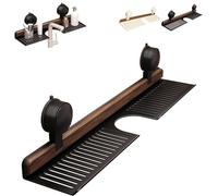 Walnut Suction Cup Bathroom Shelf, 2025 New Faucet Organizer Rack for Bathroom, Wall Mounted Sink Organizer, Removable Shower Suction Shelfs, Wood Faucet Storage Rack, Small Accessories (Black,50 CM)