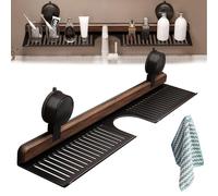 Walnut Suction Cup Bathroom Shelf, Removable Wood Faucet Storage Rack, Wall Mounted Sink Shelf Over Faucet, No Drill, for Bathroom & Kitchen, Storage for Toiletries, Bottles, Space Saver (black,27in)