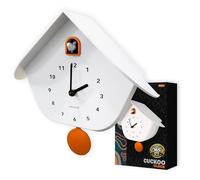 WALPLUS Horloge murale à coucou et fenêtre orange mat 32,4 x 32,5 cm, horloge à piles avec oiseau, pendule et carillon pour salon, cuisine, chambre à coucher