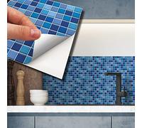 WALPLUS Lot de 120 autocollants muraux en forme de mosaïque bleue classique de 15 x 15 cm - Pour carrelage mural de cuisine ou de salle de bain
