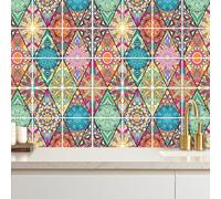 WALPLUS Lot de 24 films autocollants pour carrelage mosaïque - Forte adhérence - Résistant à l'eau et à la chaleur - Pour cuisine, salle de bain - Mandala floral coloré - 15 x 15 cm