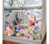 WALPLUS Lot de 44 autocollants de fenêtre de printemps - Décorations de printemps - Double face - Réutilisables - Décollez et collez - Amovibles pour verre - Fleurs colorées avec libellules et