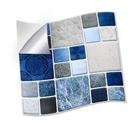 WALPLUS Lot de 72 autocollants muraux en mosaïque bleu et gris - 15 x 15 cm - Pour carrelage mural de cuisine et de salle de bain