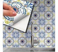 WALPLUS Lot de 72 autocollants muraux en vinyle de 15 cm - Motif azulejo bleu et jaune - Pour décoration d'intérieur, salon, chambre à coucher, cuisine, carrelage