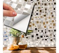 WALPLUS Lot de 96 autocollants muraux en mosaïque pour carrelage de cuisine, salle de bain, 15 cm - Beige métallisé
