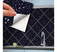 WALPLUS Lot de 96 autocollants muraux Terrazzo pour cuisine, salle de bain - Bleu foncé métallisé argenté - 15 cm