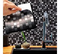WALPLUS Marquina Lot de 120 autocollants muraux en mosaïque effet marbre noir et blanc métallisé 15 cm
