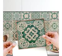 WALPLUS Stickers Carrelage Credence Adhesive Pour Cuisine Stickers Muraux Auto-Adhésif Résistant à l'huile Imperméable à l'eau Réutilisable Amovible Maison Vintage Green Antique Azulejo 24pcs 15cm(6")