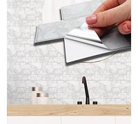 WALPLUS WT1705 Lot de 12 autocollants muraux pour carrelage de cuisine et salle de bain Motif marbre blanc 28,5 x 14 cm