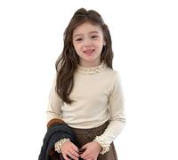 Waltonalice T-shirt fille avec ourlet à volants Undershirt pour toutes les saisons coton naturel manches longues col rond décontracté uni stretch beige taille du corps : 100 cm