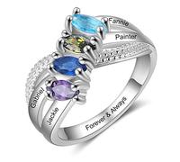 Wamantic Bagues Personnalisée Femme Bague Personnalisé Prénom de Fiançailles avec 2-4 Pierre de Naissance Gravées Bague pour Femme Cadeau pour la Fête des Mères Anniversaire(4-nom,7)