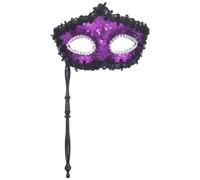 Wambere 1 demi-masque à pompon papillon avec bâton, Mardi Gras Deecorations, masque vénitien pour les yeux, mascarade, fête costumée, carnaval, violet C