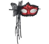 Wambere Lot de 2 demi-masques à pompons papillon avec bâton, Mardi Gras Deecorations, masques vénitiens, masques pour les yeux, masques de bal masqué, pour fêtes costumées, carnaval, rouge B