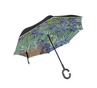 Wamika Van Gogh Irises Parapluie inversé Double Couche Coupe-Vent avec Protection UV Auto-Portant Non Auto Grand Parapluie Droit à l'envers en Bas en Forme de C Poignée pour la Pluie de Voiture