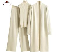 WAMIZEU Ensemble de salon 3 pièces en tricot pour femme, tenue de voyage 3 pièces pour femme, cardigan à manches longues, haut à col roulé sans manches, pantalon large, beige, Taille unique