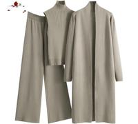 WAMIZEU Ensemble de salon 3 pièces en tricot pour femme, tenue de voyage 3 pièces pour femme, cardigan à manches longues, haut à col roulé sans manches, pantalon large, kaki, taille unique