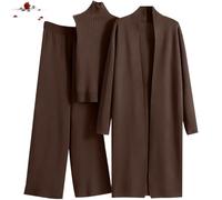 WAMIZEU Ensemble de salon 3 pièces en tricot pour femme, tenue de voyage 3 pièces pour femme, cardigan à manches longues, haut à col roulé sans manches, pantalon large, café, Taille unique