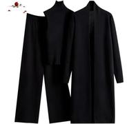 WAMIZEU Ensemble de salon 3 pièces en tricot pour femme, tenue de voyage 3 pièces pour femme, cardigan à manches longues, haut à col roulé sans manches, pantalon large, Noir , taille unique