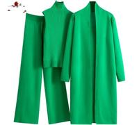 WAMIZEU Ensemble de salon 3 pièces en tricot pour femme, tenue de voyage 3 pièces pour femme, cardigan à manches longues, haut à col roulé sans manches, pantalon large, Vert, taille unique