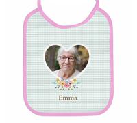 Wanapix | Bavoir Personnalisé pour Adulte | Design avec Cœur et Fleurs | Grand Bavoir Blanc avec Nom et Photo Personnalisables | Avec Cordons à Nouer autour du Cou | Bordure Rose | Lavable en Machine