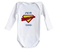 Wanapix | Body bébé personnalisé Fête des Pères | Cadeau Original pour Papa | Body Bébé Personnalisé avec Nom | Bodysuit Blanc à Manches Longues | 12 Mois | Super Papa