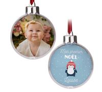 Wanapix | Boule de Noël Personnalisé avec Photo et Texte | Mon Premier Noël | Deux Côtés | Décorations de l'arbre de Noël | 8 cm | Pingouin