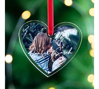 Wanapix | Décoration de Noël Personnalisée avec Photo et Teste | Décoration Sapin Noël à Suspendre | Comprend 2 Rubans: Rouge et Vert | Méthacrylate - Coeur