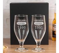 Wanapix | Pack de Verre à Bière Personnalisable | 50 cl. | 2 Verres à Bière avec Nom, âge et Date de naissance | Verres écologiques sans plomb | Cadeau original pour les brasseurs | Original since