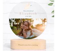 Wanapix | Plaque Personnalisable | Cadeau Baptême/Communion | Cadeau d'École Fin d'Année | Trophée Méthacrylate Rond | Base en Bois Naturel