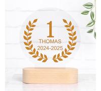 Wanapix | Trophée Personnalisable avec Nom | Premier Prix | Trophée Méthacrylate Rond | Impression en Couleur | Base en Bois Naturel | Lauréat